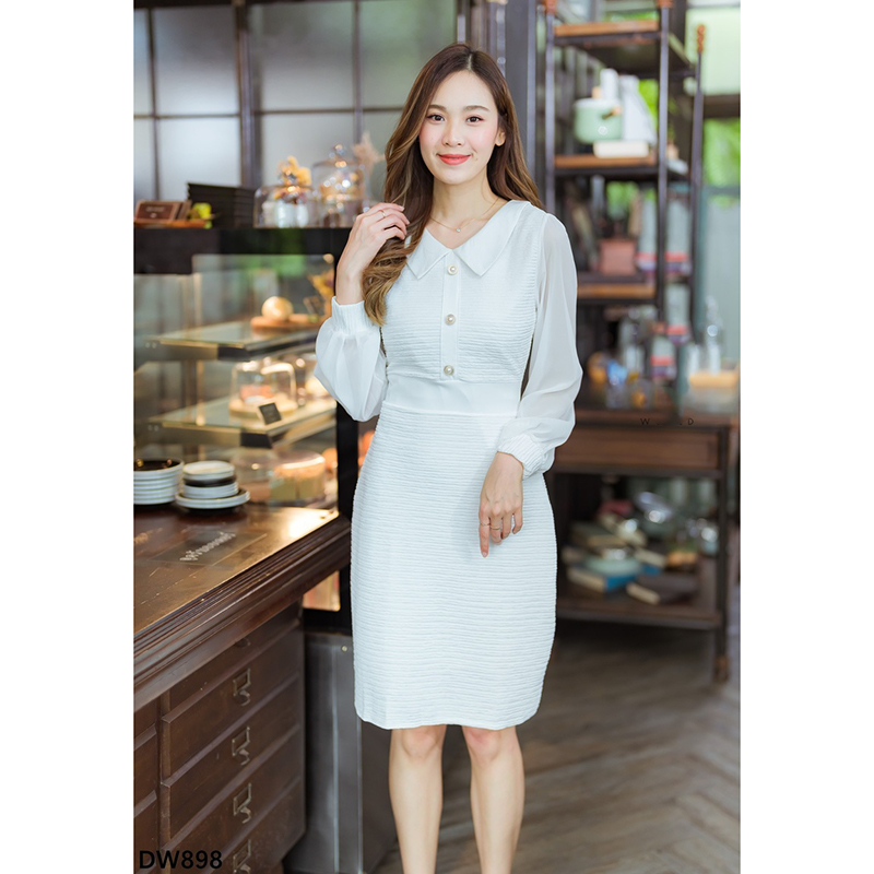 kudapy เดรสสั้นสีขาว/สีดำ/สีชมพู คอปกแขนยาวแต่งกระดุม