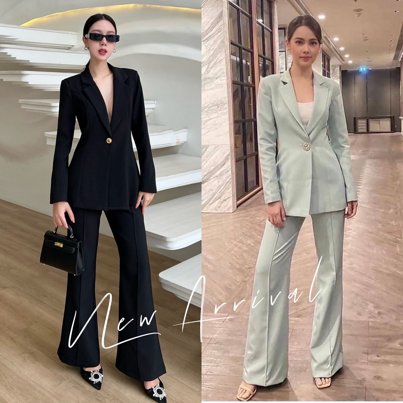 kudapy ชุดสูทมินิมอล วเสื้อสูทแต่งกระดุมทองด้วยหน้า 1 เม็ด เสริมฟองน้ำบางๆ นทรงสวย มีซับในทั้งตัว มาพร้อมกับกางเกงทรง Flare เย็บตีเกล็ดหน้า