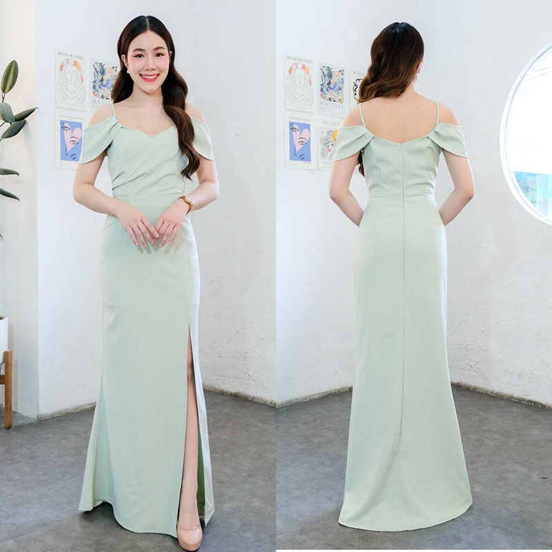 kudapy แม๊กซี่เดรสสายเดี่ยวสีชาไทย ครีมนู๊ด เขียวมิ๊นต์ ชมพูดัสตี้พิ้งค์ ไม่เสียวหลุดแต่งผ้าระบายปิดแขน อกป้าย เกาหลีมินิมอลสุดๆ เน้นเอวคอดใส่ผอมสวย กระโปรงผ่าหน้า