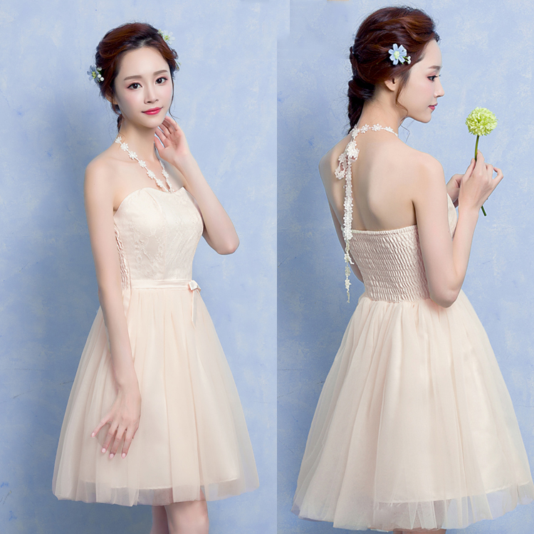 kudapy ชุดราตรีสั้นใส่ออกงาน สีครีมเบจ/สีฟ้า/สีม่วง มีสายผูกคอลายลูกไม้ เดรสเกาะอก หลังสม็อคยืดได้