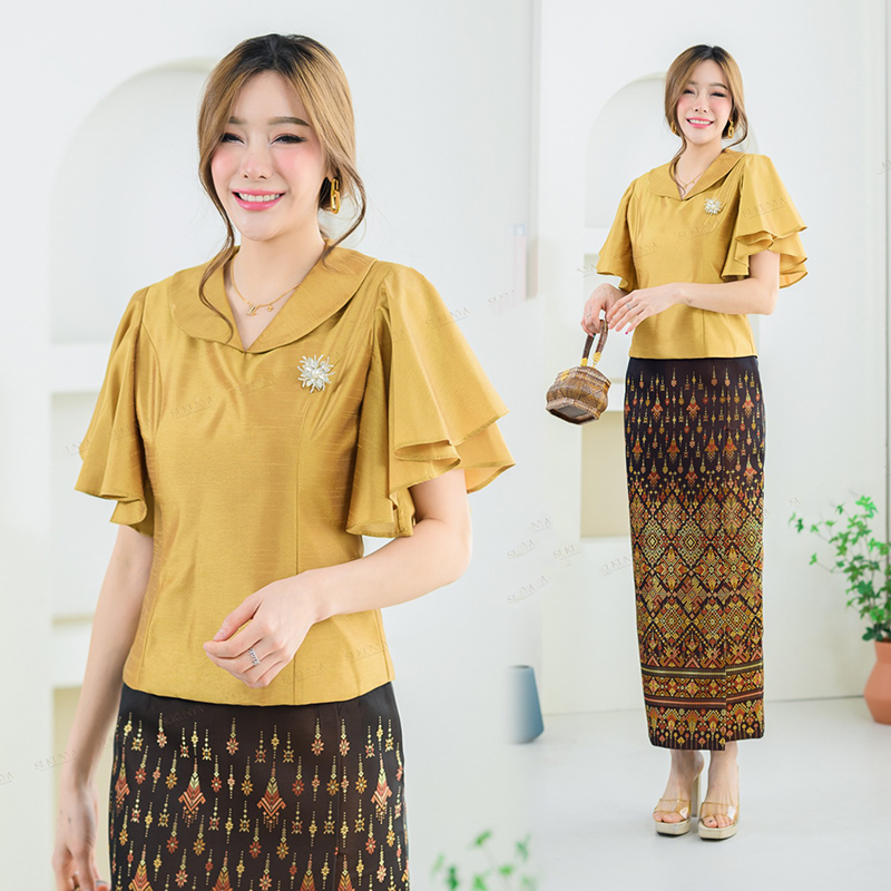 kudapy เสื้อผ้าไหมตะวันเส้นขีดสีเขียว/สีแดงเข้ม/สีทอง ตัวเสื้ออัดกาวมีซับในผ้าCotton แขนทรงพุ่มระบายสายงาม คอวีแบบปก ซิปข้างแบบซ่อน (เฉพาะเสื้อ)