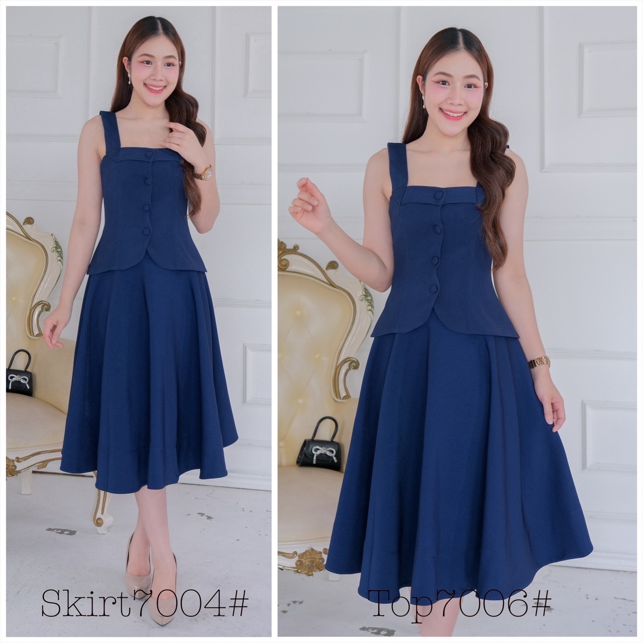 kudapy ชุดเซ็ทเสื้อแขนกุดกระดุมหน้า ชายโค้งทิวลิป คอตตอนวูลบาง อัดกาว กระโปรงทรงบานเอวสูง พริ้วสว