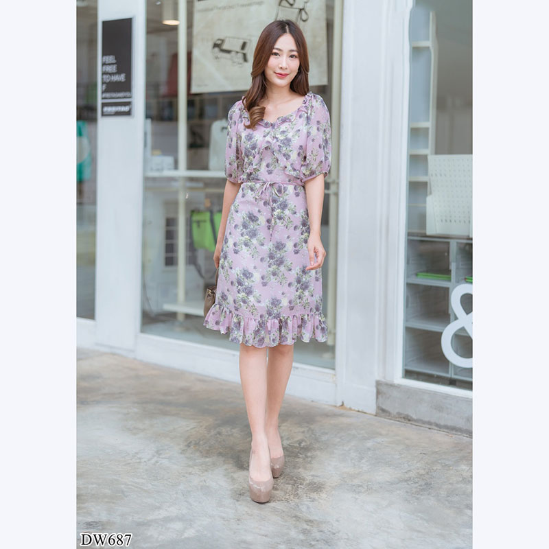 kudapy เดรสสั้นลายดอกคอเหลี่ยมสีชมพู,เขียว,ดำ ลายดอกเกาหลีสวยน่ารักสไตส์คุณหนูมากๆ