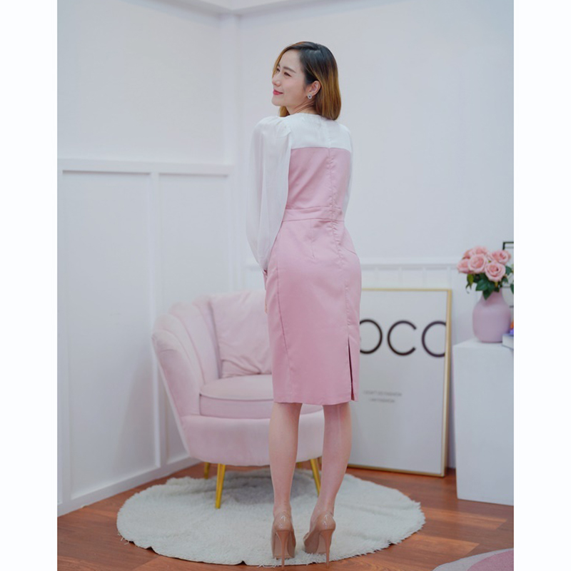 kudapy เดรสสั้นสีชมพู/สีน้ำตาล .แขนยาวแต่งกระดุมมุกสวยดูดี