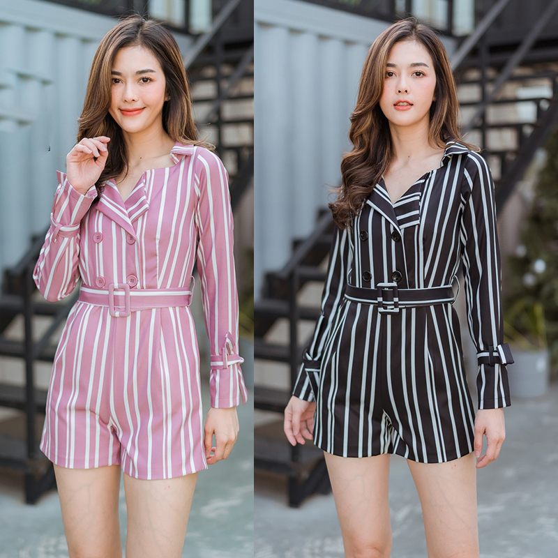 kudapy จั้มสูทลายทางสีดำ,สีชมพู จั้มคอปกทรงวีใส่ดูดีสวยน่ารัก