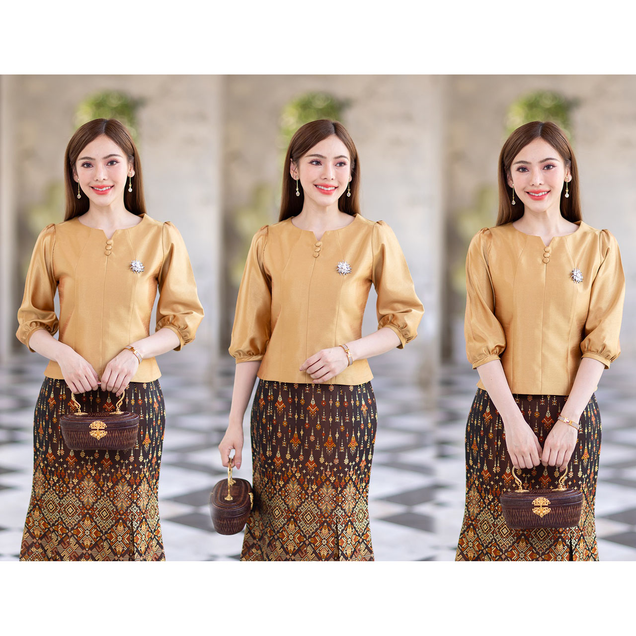 kudapy เสื้อผ้าไหม4เส้นสีดำ/สีทอง เนื้อผ้าทอสวย แต่งกระดุม เนื้อเบาสบาย ใส่สบายผิว มีลายเส้นในตัว (เฉพาะเสื้อ)