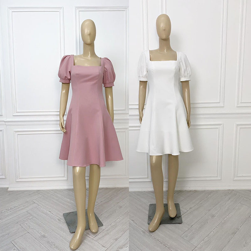 kudapy เดรสสั้นสีขาว/สีชมพู แขนตุ๊กตา กระโปรงทรงบาน ลุคสวยหวาน เรียบหรูดูดี ใส่ออกงาน ชุดไปงานแต่งกลางวัน/กลางคืน