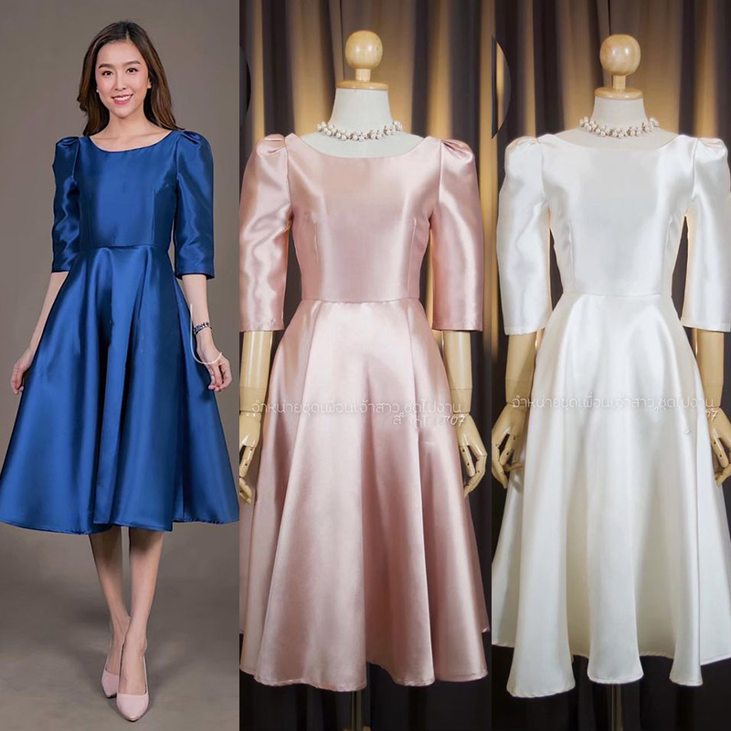 kudapy เดรสสั้นใส่ออกงานสีชมพู,สีเขียวเข้ม,สีดำ,สีน้ำเงินกรมท่า,สีเทาเงิน ทรงยกไหล่พอง แขนสาม ดีเทลจับจีบหัวไหล่