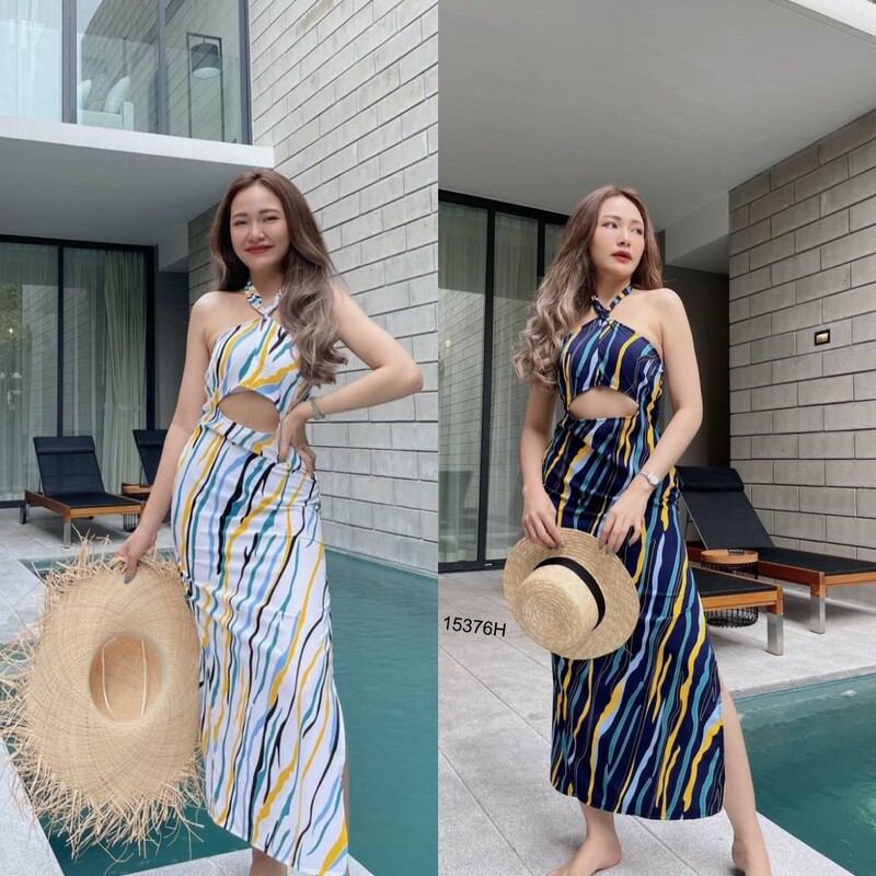 kudapy แม็กซี่เดรสยาวแขนกุดสีขาว/สีกรม ทรงเข้ารูปสายผูกคอเว้าช่วงหน้าท้องเบาๆซิปหลังพิมพ์ลายกราฟฟิก
