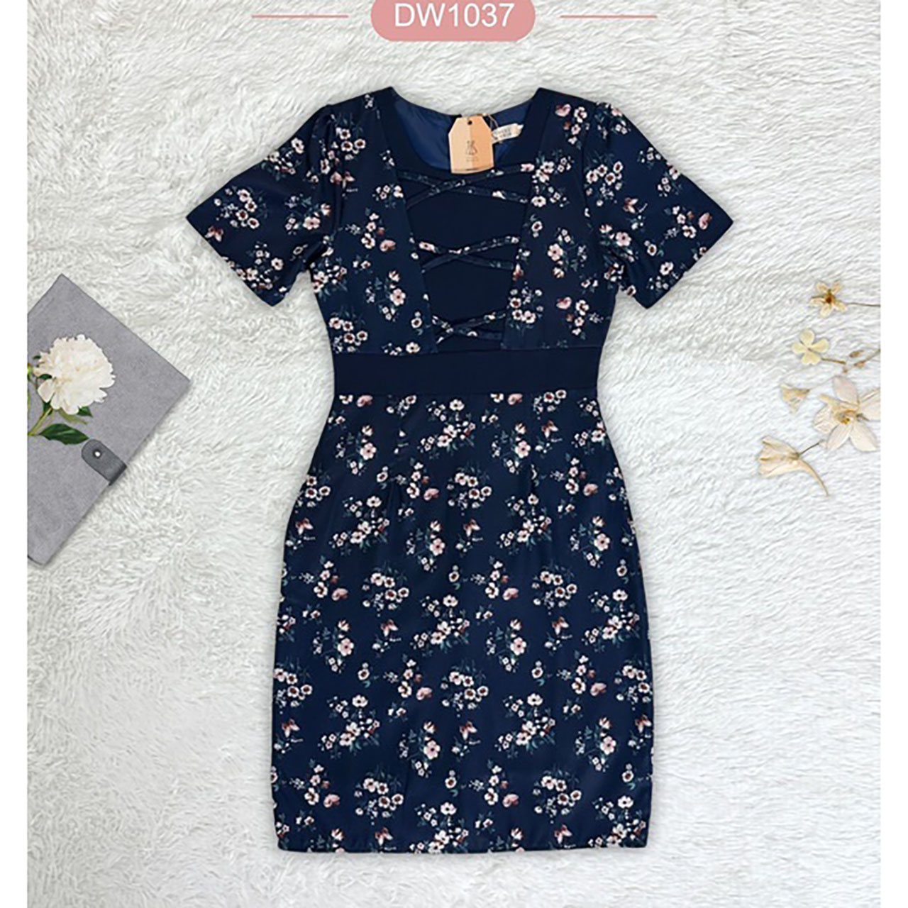 kudapy เดรสสั้นสีชมพู/สีฟ้า/สีกรม ใส่ทำงาน ลายดอกแถบคาดเอว