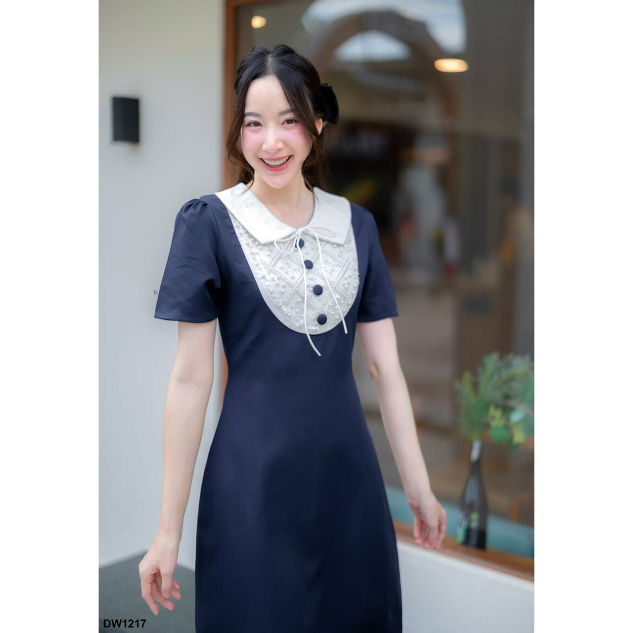 kudapy เดรสสั้นสีชพู/สีกรม/สีม่วง ผ้าพื้นแต่งอกปักมุก