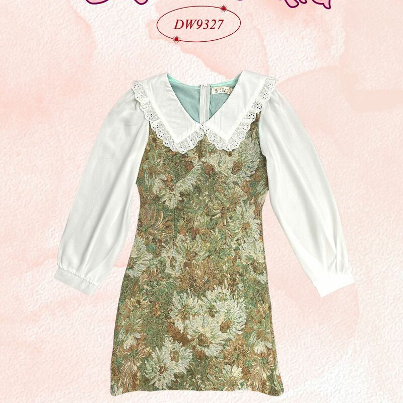 kudapy เดรสสั้นสีฟ้า/สีเขียว/สีม่วง ผ้าทอลายดอกแขนยาว เนื้อผ้าเบาใส่สบายตัว สวยดูดี