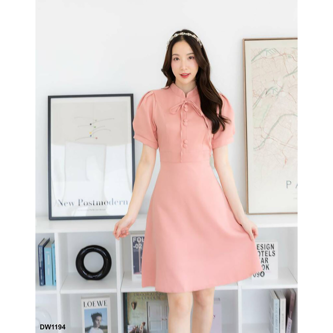 kudapy เดรสสั้นสีฟ้า/สีม่วง/สีชมพู กระโปรงบานผ้าพื้นผูกคอ