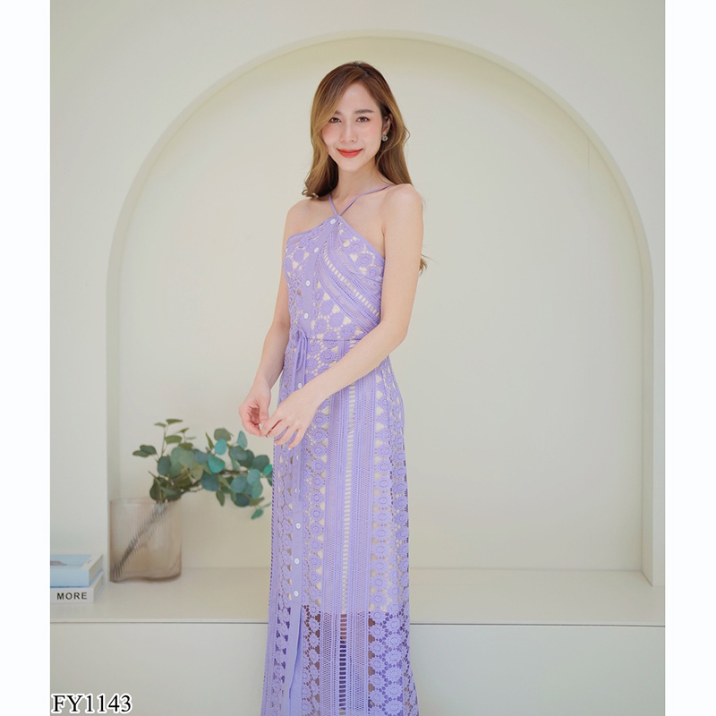 kudapy เดรสยาวสีขาว/สีม่วง สายเดี่ยวมีกระดุมตรงกลาง