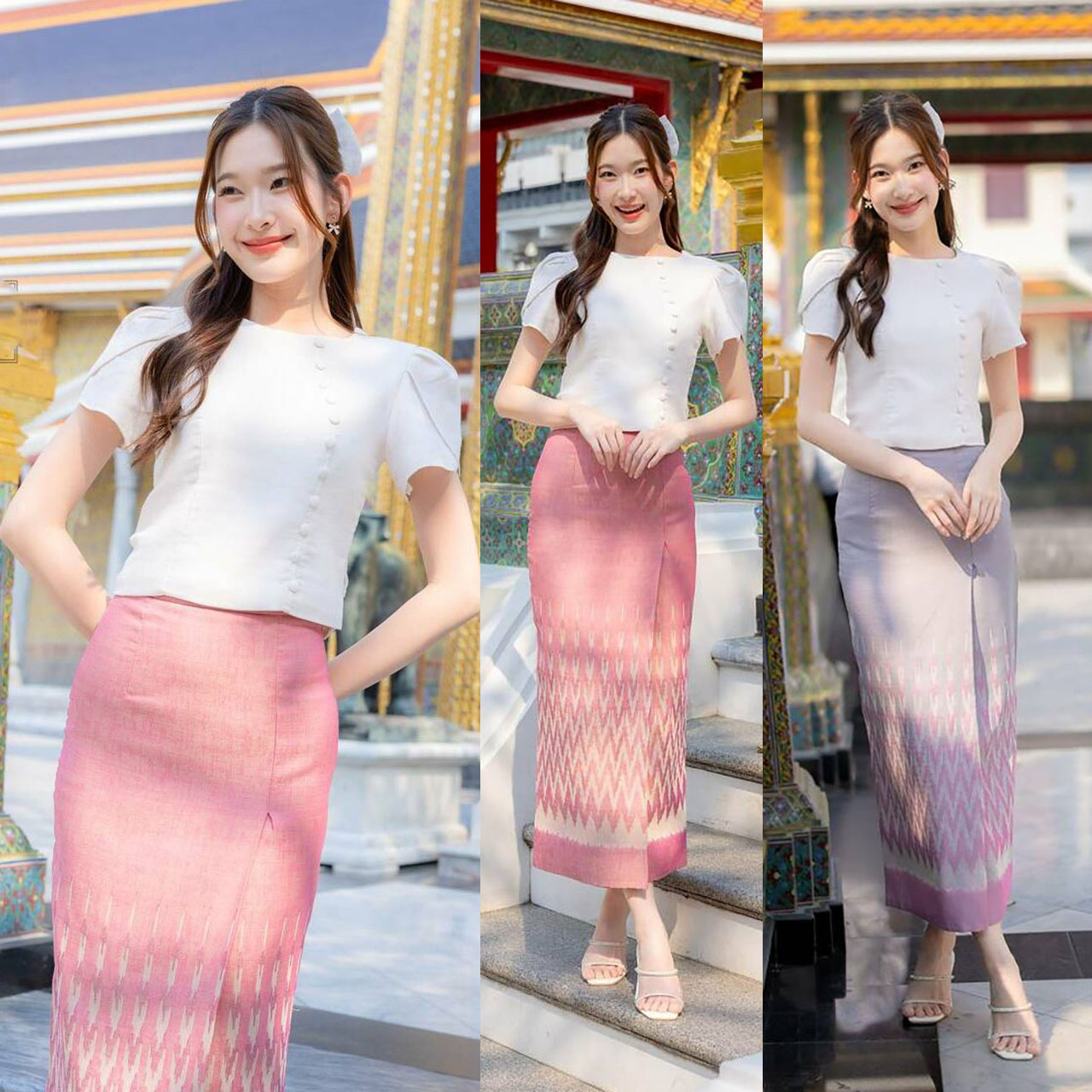 kudapy เซ็ทลิซ่าผ้าถุงลายไทยสีเทา/สีชมพู ใส่ออกงาน ใส่ไปวัด งานบุญ สวยดูดี