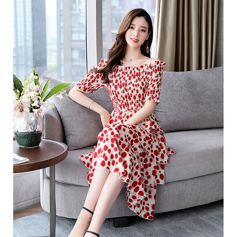 kudapy ชุดเดรสสั้นสีแดง,สีน้ำเงิน ใส่ทำงาน ผ้าโพลีเอสเตอร์ผสมพื้นสีครีม