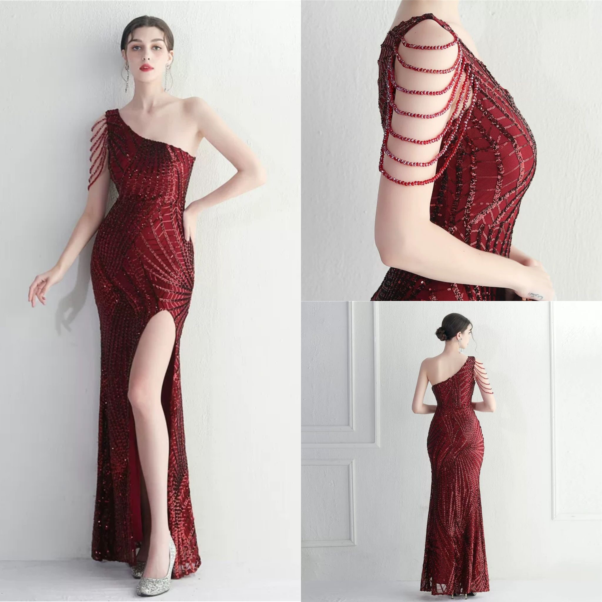 kudapy ชุดราตรียาวผ้ากริสเตอร์ เดรสยาวไหล่เดี่ยวเฉียงข้าง แต่งเพชร สีขาว,สีเทาเงิน,ชมพูโรสโกลด์,สีม่วง,น้ำเงินกรม,เขียวเข้ม,สีแดงเบอร์กันดี,สีดำ