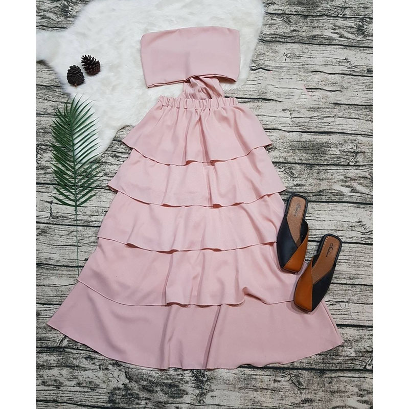 kudapyset 2 ชิ้น สีแดง/ขาว/ชมพู เสื้อเกาะอกแซ่บๆ ผูกโบว์หลัง มาคู่กระโปรงขนมชั้นยาว เอวสม็อกรอบตัวว งานดูไฮสุด