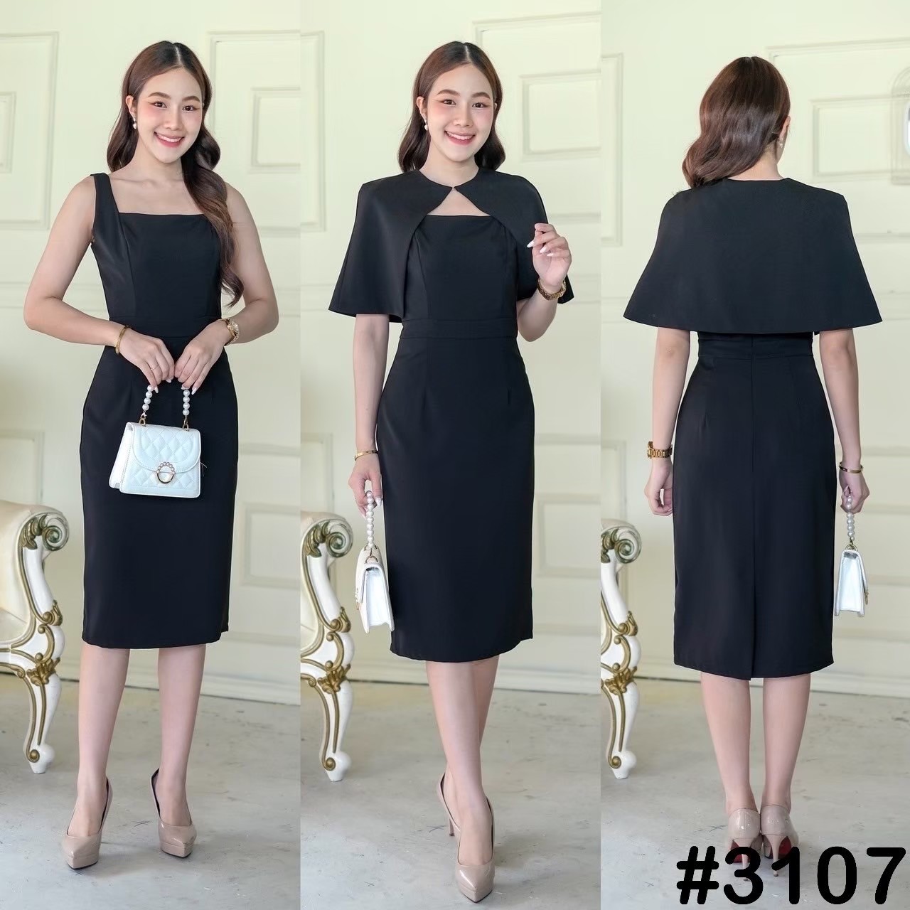 kudapy เดรสสั้น ผ้าคลุมบ่าถอดได้ เดรสดีไซส์ทรงคอเหลี่ยม มีขอบเอว กระโปรงทรงสอบ ผ่าหลังป้ายซ้อน ไม่โป๊ เดรสทรงสุภาพ