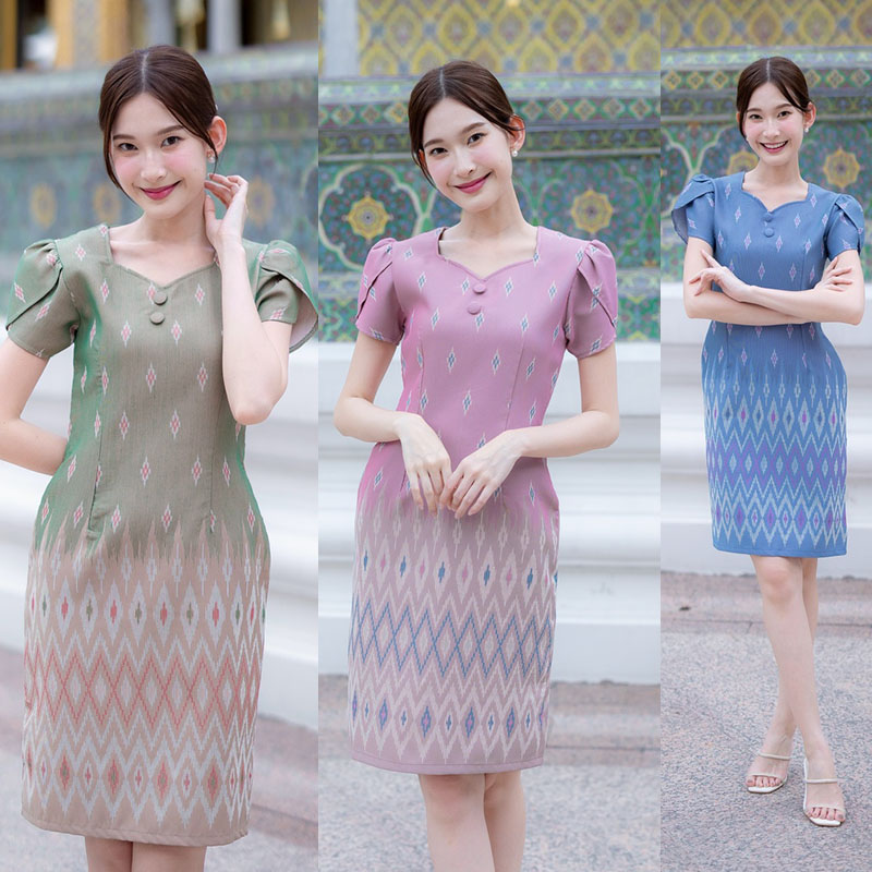 kudapy เดรสสั้นสีฟ้า/สีครีม/สีชมพู ผ้าทอแขนกลีบบัว ผ้าลายไทย ใส่ออกงานสวยดูดี