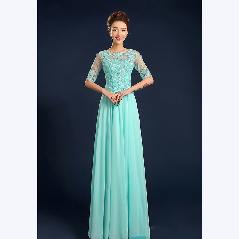 kudapy ชุดราตรียาวสีฟ้า/แขนสี่ส่วน ช่วงอกเป็นลูกไม้ แขน-ด้านหลังซีทรู เรียบหรู กระโปรงผ้าชีฟอง (ซิปหลัง)