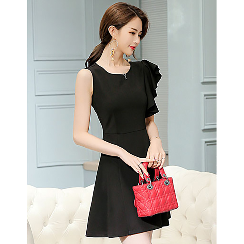 kudapy ชุดเดรสสั้นสีดำ แฟชั่นแขนสั้น แต่งแขนสั้นระบายแบบสวยหรูดูดีสไตล์เกาหลีจ้า