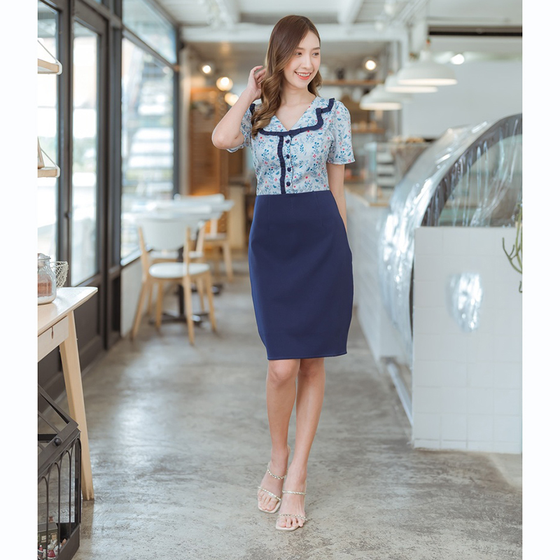 kudapy เดรสสั้นสีเขียว/สีชมพู/สีกรม คอบัวลายดอก ใส่สบายสวยดูดี