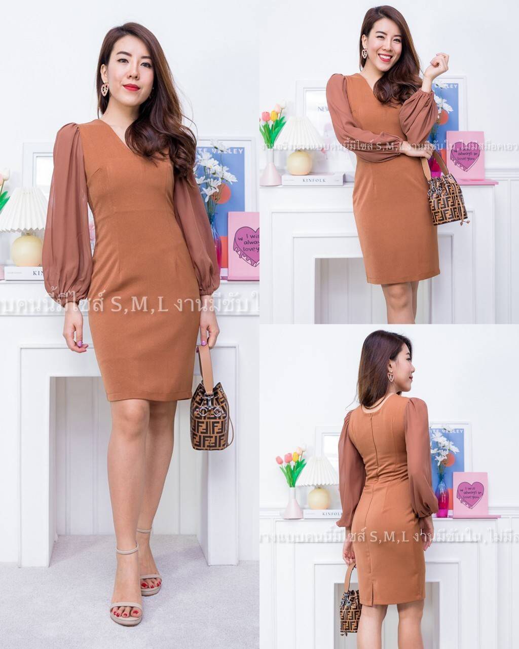 kudapy เดรสสั้นใส่ออกงาน คอวีแขนยาวชีฟอง ผ้าฮานาโกะ สีชมพู, กรมท่า, เขียวมิ้นท์, น้ำตาล ,แดงเลือดหมู