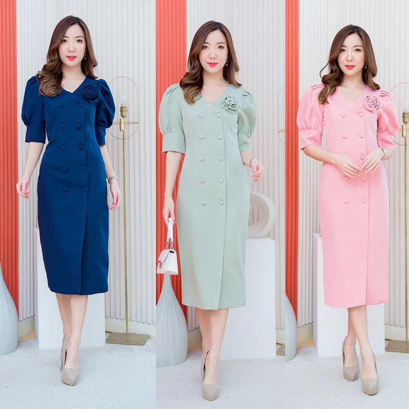 kudapy เดรสยาวสีเขียว/สีชมพู/สีกรม แขนตุ๊กตาดอกไม้ติดไหล่ สวยดูดีเรียบร้อย