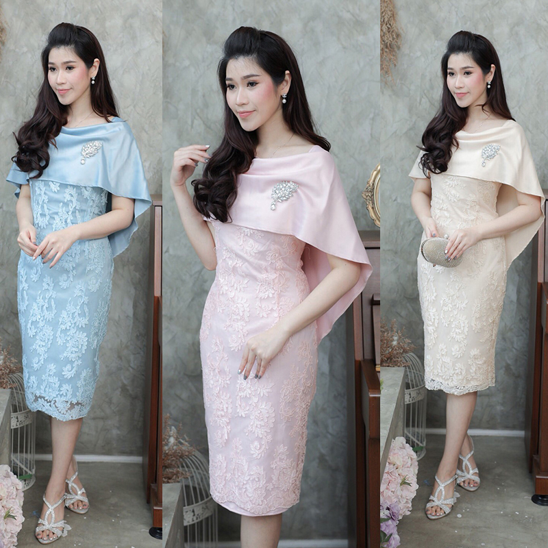 kudapy เดรสสั้นสีชมพู/ฟ้า/ครีม ลูกไม้เปิดไหล่ ช่วงบนแต่งเป็นผ้าคลุมช่วยปิดต้นแขน