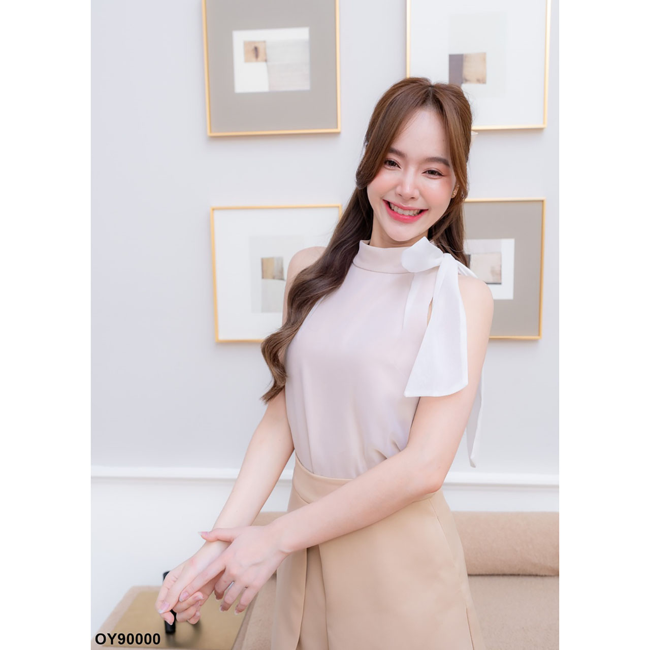 kudapy เซ็ทเสื้อผูกคอ แขนกุด ผ้าเบาลายผ้ามุ่งเบาบางคอกลม+กระโปรงกางเกงขาสั้น ใส่สบายสวยดูดี