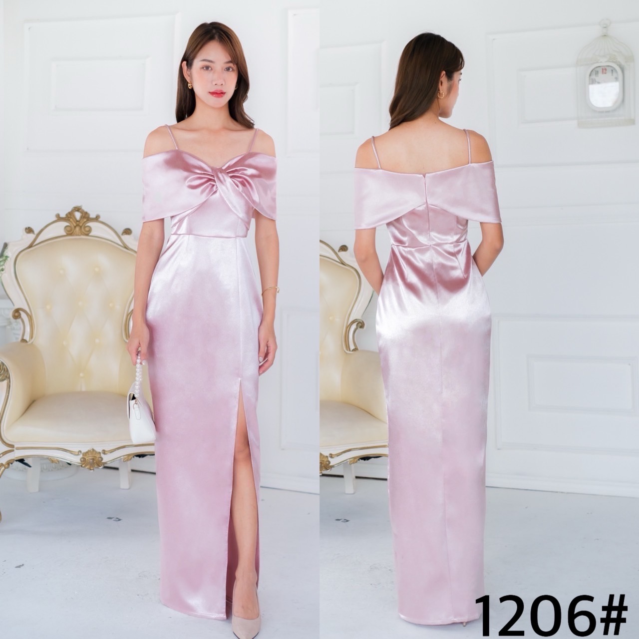 kudapy เดรสยาวเปิดบ่า ทวิชช่วงอก มีสายคาดบ่าให้ กระโปรงทรงบาน ความยาวครึ่งเข้ง เนื้อผ้าดัชเชสอัดกาว ผ้าเงาสวย อยู่ทรง