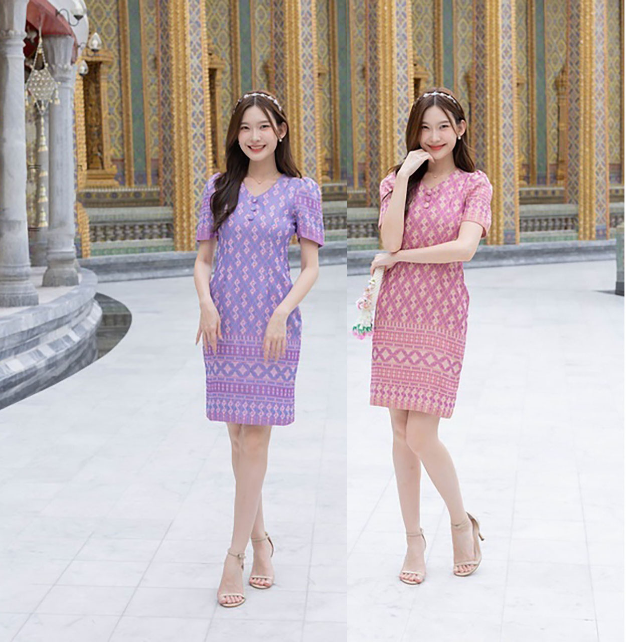 kudapy เดรสสั้นสีชมพู/สีม่วง ผ้าไทยทรงสอบกระดุม3เม็ด