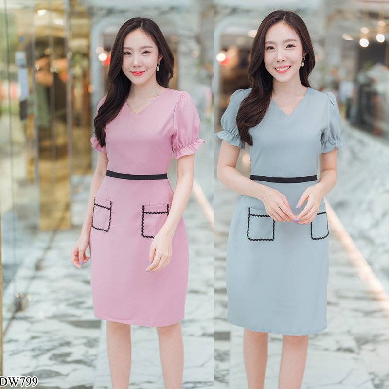 kudapy เดรสสั้นสีชมพู/สีเขียว จั๊มแขนกระโปรงกระเป๋าสองข้าง