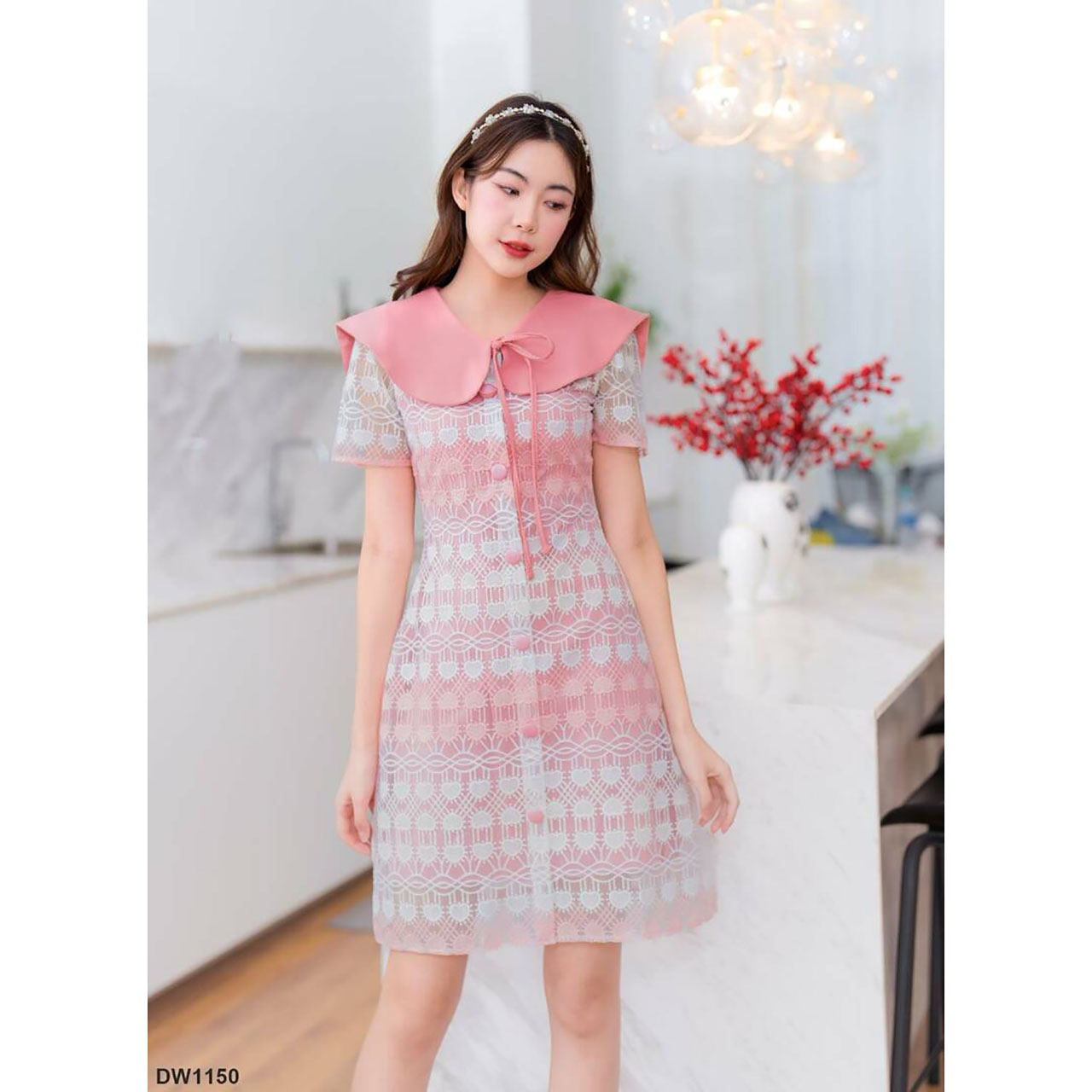 kudapy เดรสสั้น ลูกไม้ชั้นหัวใจคอปก ผ้าเบาใส่สบายตัว