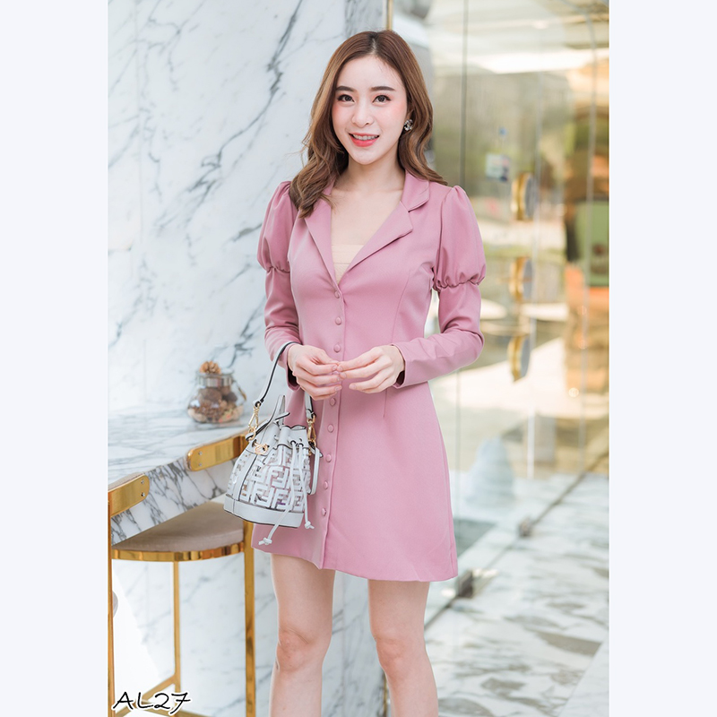 kudapy เดรสสั้นสีชมพู ทรงสูทแขนพองสวยน่ารักดูดี ใส่ออกงานสบายๆ
