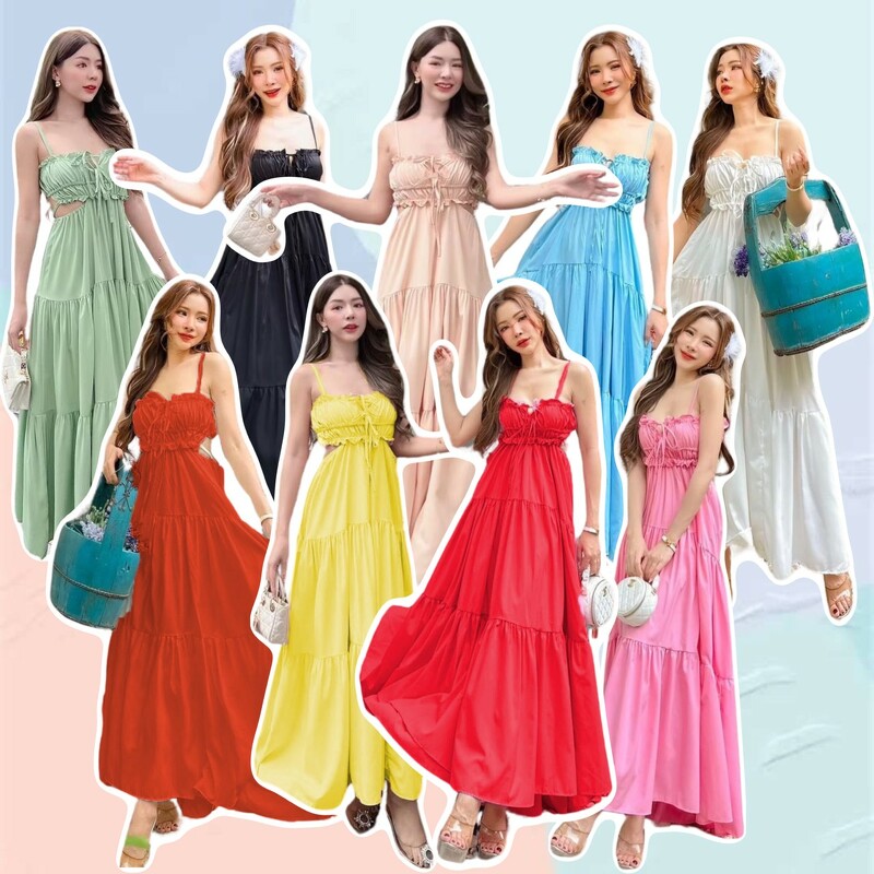 kudapy เดรสยาว สายเดี่ยว กระโปรงยาวบานละมุนละไม ตัวกระโปรงระบายต่อกันเป็นชั้นๆ