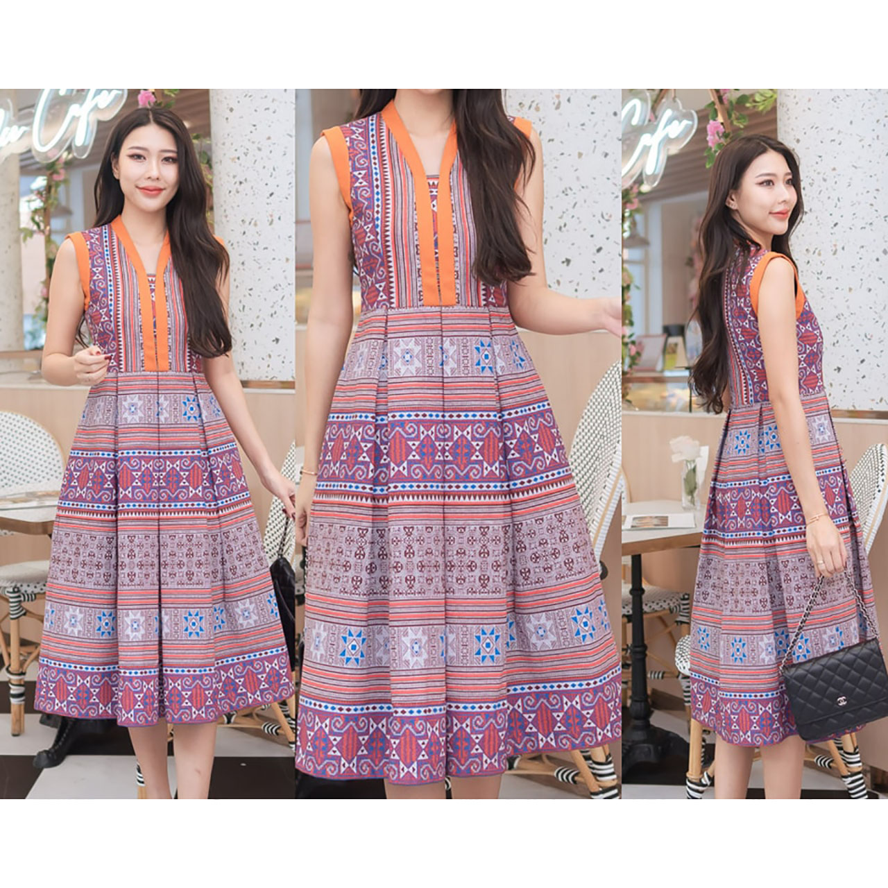 kudapy เดรสสั้นผ้าฝ้ายพื้นเมือง สีส้ม-อิฐ และ สีครีม-ฟ้า ใส่สบายสวยดูดี
