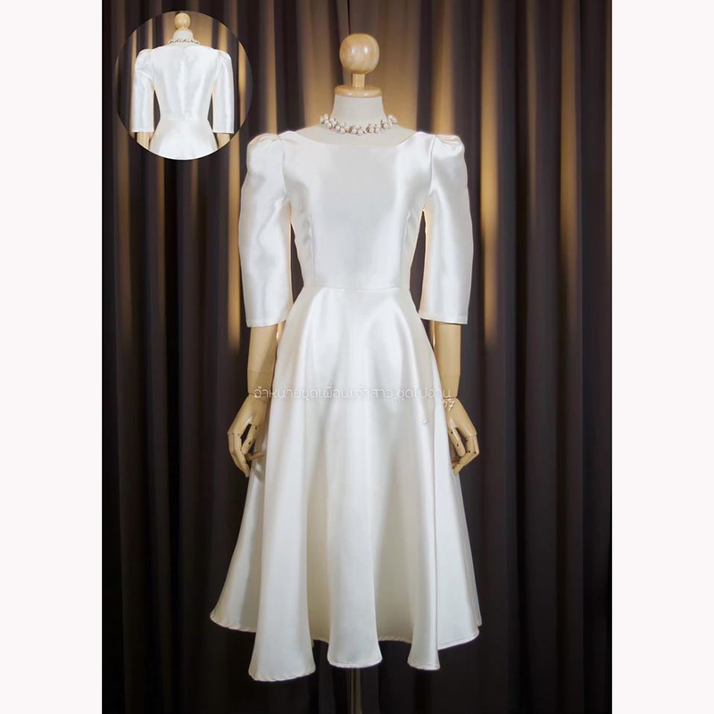 kudapy เดรสสั้นใส่ออกงานสีชมพู,สีเขียวเข้ม,สีดำ,สีน้ำเงินกรมท่า,สีเทาเงิน ทรงยกไหล่พอง แขนสาม ดีเทลจับจีบหัวไหล่