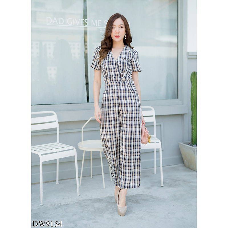 kudapy จั้มสูทขายาวคอวีสีกรม/สีชมพู/สีดำ ปกสูทขายาวลายสก๊อต