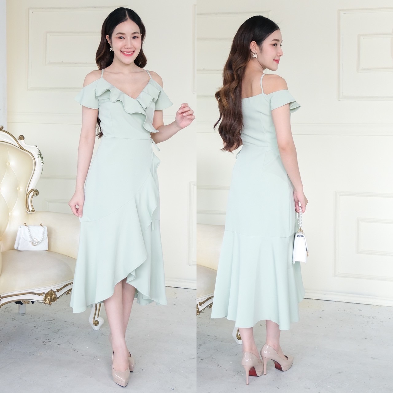 kudapy เดรสยาวสีชมพูตุ่น/สีเขียวมิ้ท์/สีน้ำเงิน/สีชาไทย/สีครีมเบล/สีชมพูเข้ม ผ้าเครปหนา สายเดี่ยวแต่งระบายช่วงแขน กระโปรงหางปลา