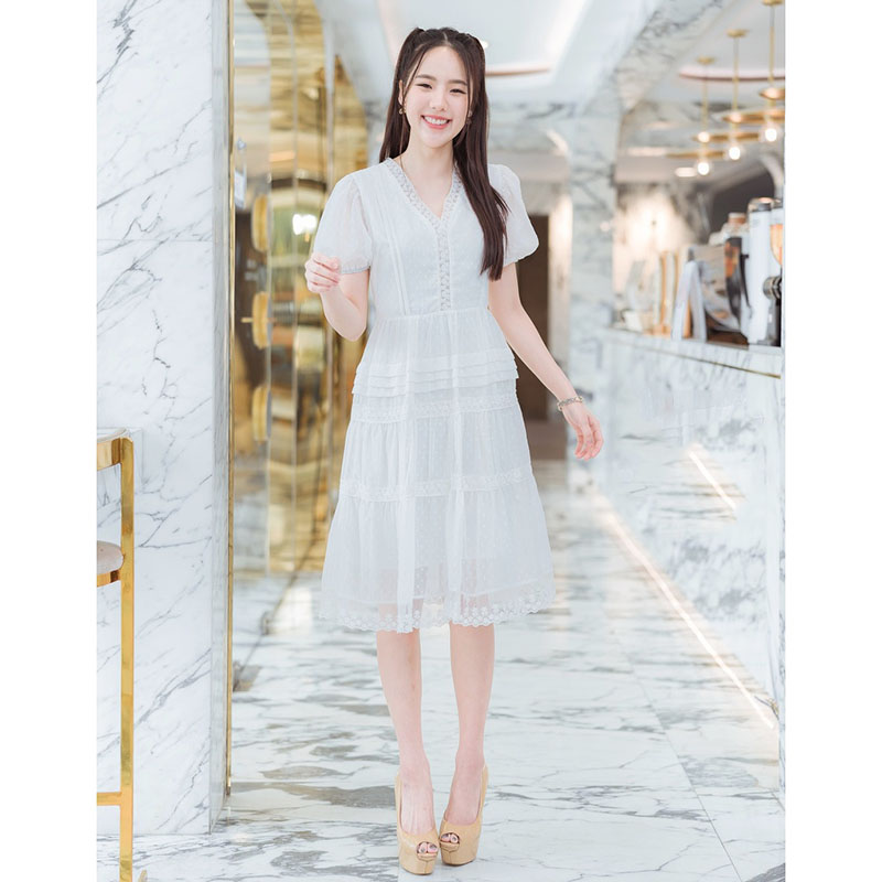 kudapy เดรสสั้นสีชมพู,ขาว,กรม เกาหลีแต่งลูกไม้สวยดูดี