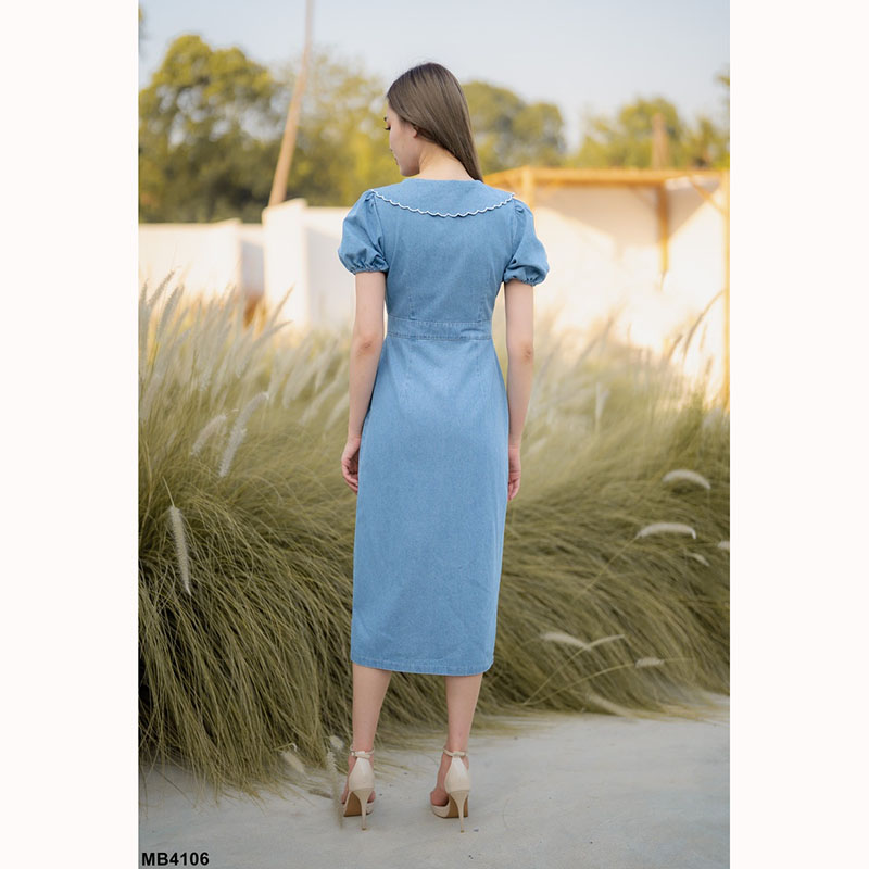 kudapy เดรสยีนส์ยาวสีกรม/สีฟ้า คอปกแต่งลูกไม้ กระดุมหน้า ใส่สบายสวยดูดี