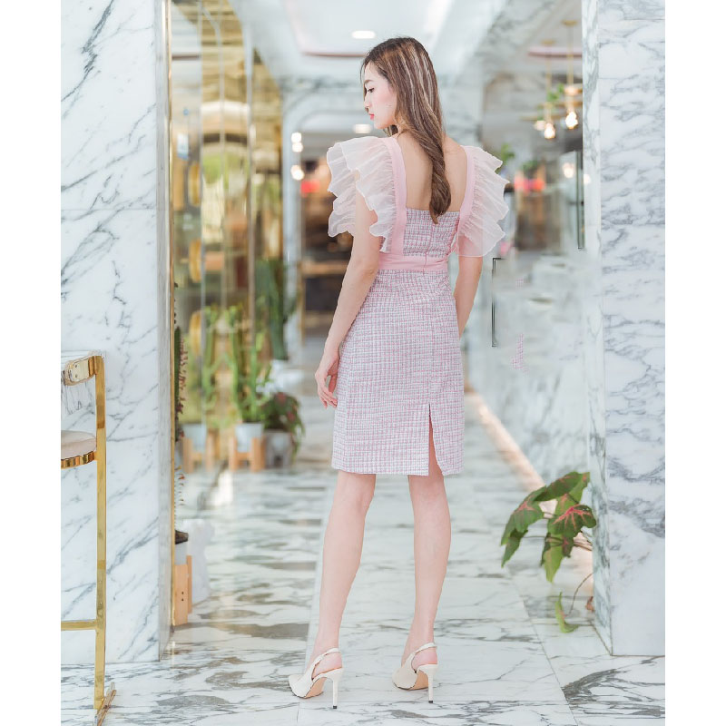 kudapy เดรสสั้นสีเขียว/สีชมพู ผ้าทวิตแขนระบาย