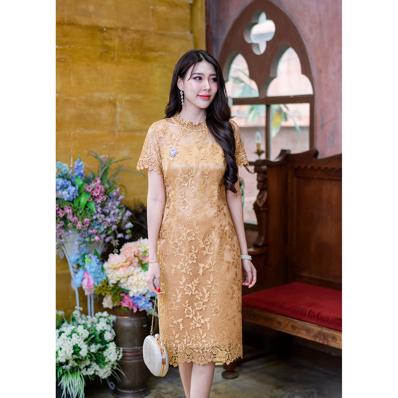 kudapy เดรสสั้นสีเหลืองทอง/สีชมพูกะปิ ทรงแขนสั้นผ้าลูกไม้เงาผ้าสวยพรีเมี่ยม งานลายเชิงผ้าช่วงแขนและชายกระโปรงสวยมาก