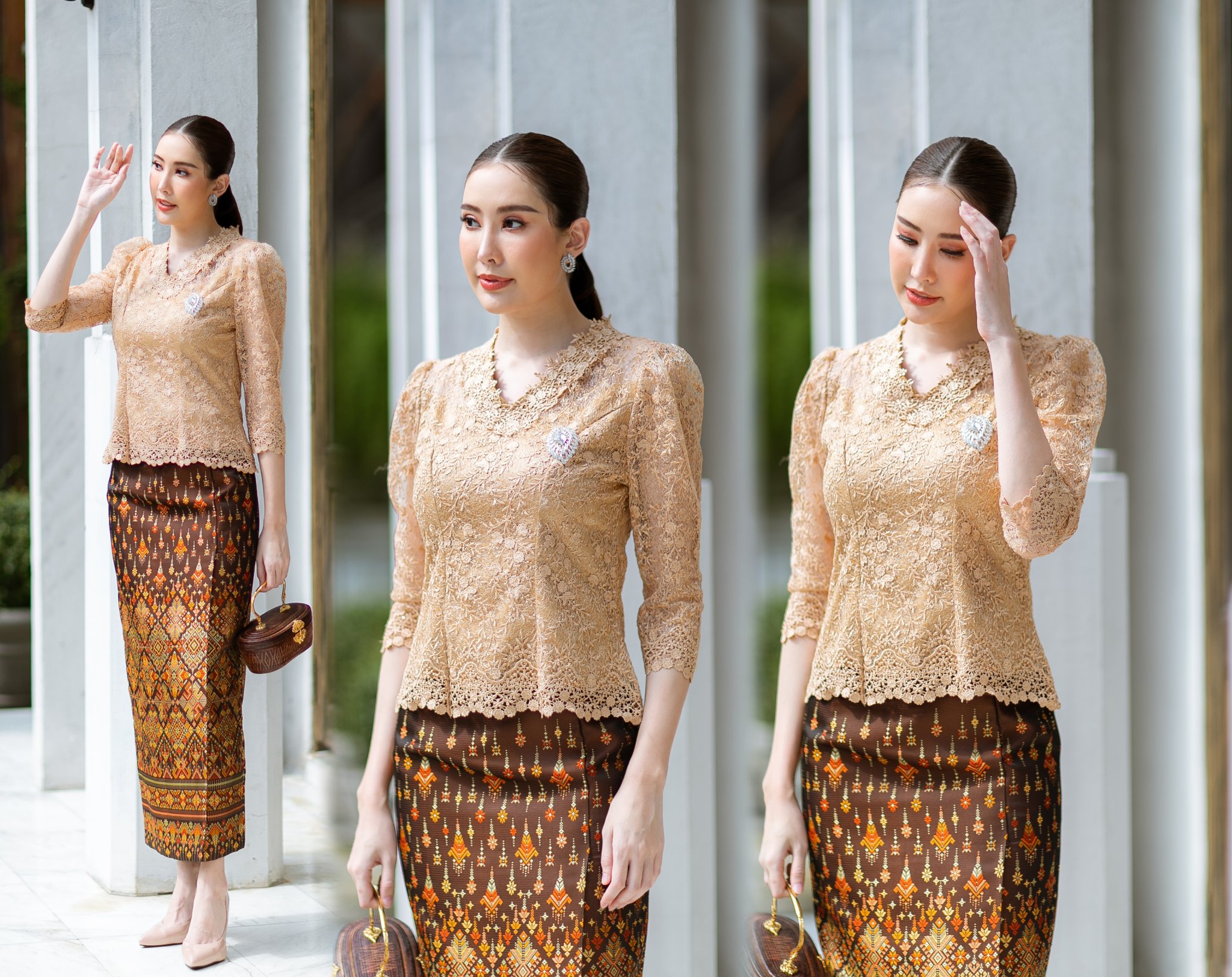 kudapy เสื้อใช้ผ้าลูกไม้สีน้ำตาลทอง/สีขาว/สีม่วง เนื้อดีทอลายแน่นทั้งตัว พร้อมซับในเนื้อดีในตัว มีซิปหลังสวมใส่ง่าย (เฉพาะเสื่อ)