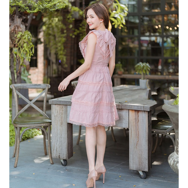 kudapy เดรสสั้นแขนกุด สีฟ้า ผ้าฉลุเกาหลีโบว์หลัง