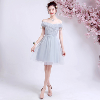 เดรสราตรีสีขาว/เทา/ชมพู/แดง ออกงานสั้น ทรงเปิดไหล่