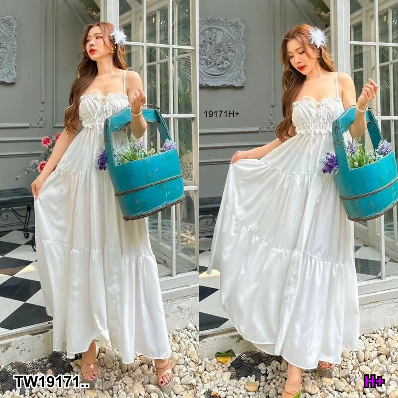 kudapy เดรสยาว สายเดี่ยว กระโปรงยาวบานละมุนละไม ตัวกระโปรงระบายต่อกันเป็นชั้นๆ