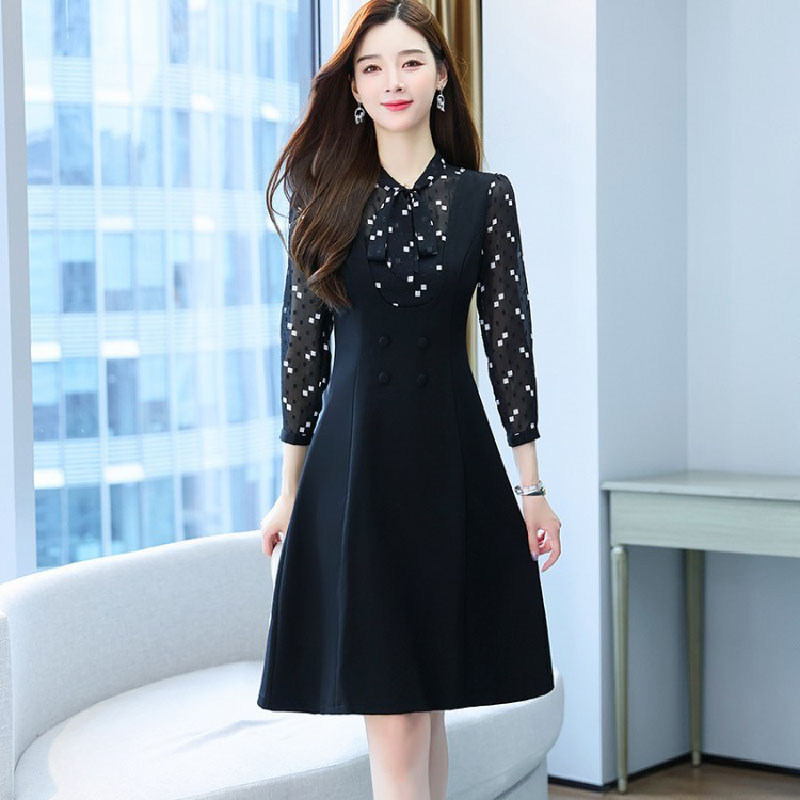 kudapy เดรสสั้นสีดำ ผูกโบว์ แขนยาว กระโปรงคลุมเข่า แนวเรียบร้อย สวยสง่า ใส่ดูดี